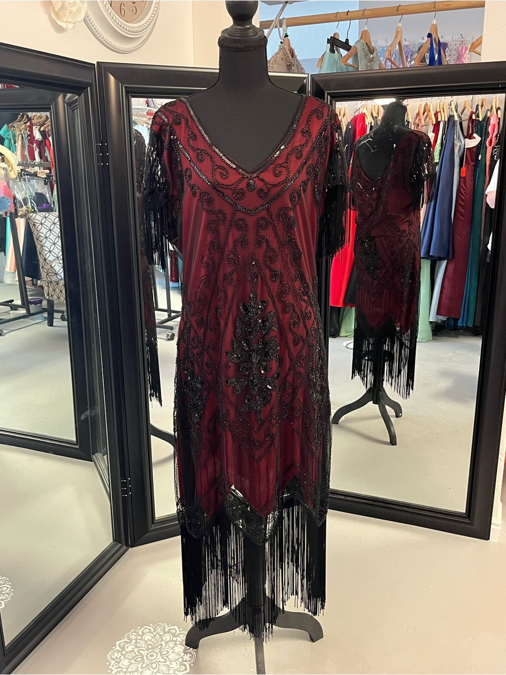 Beaded Burgundy Fringe Midi Dress